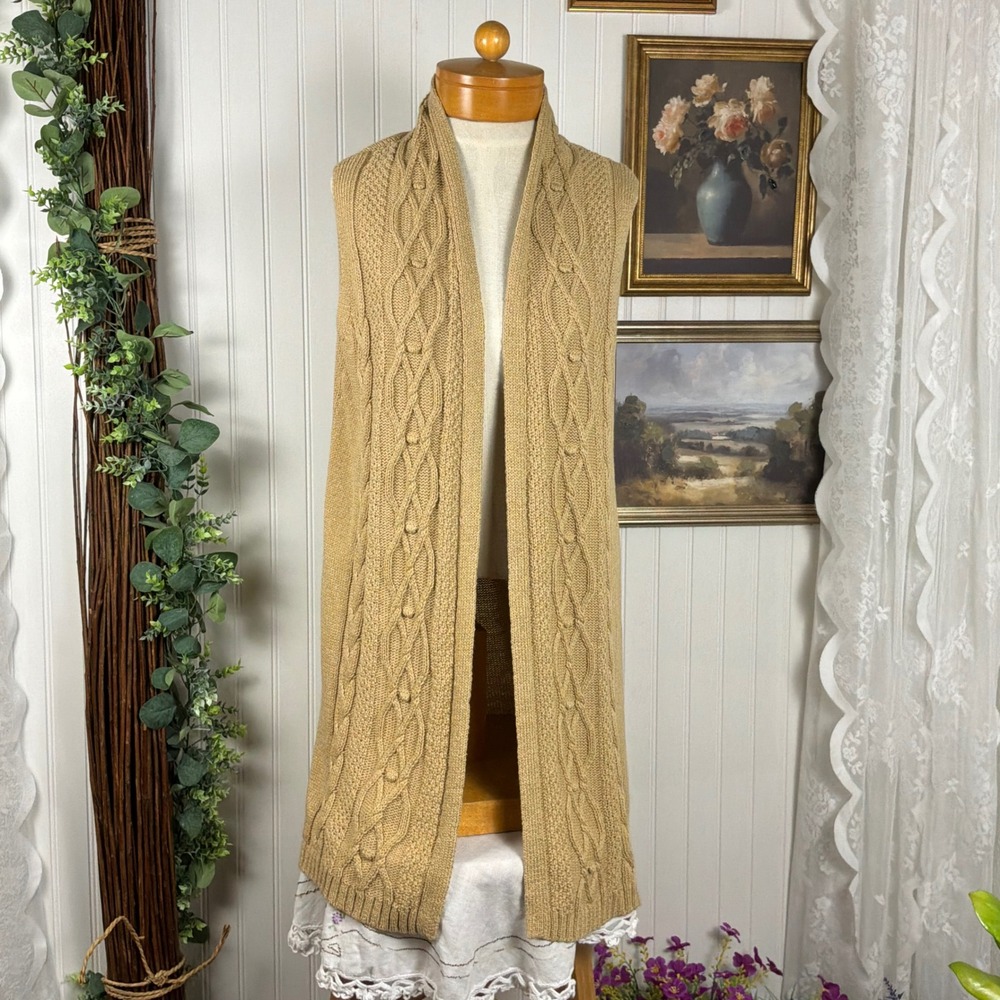 Est. 1946 Long Cable Knit Vest Womens Large Tan Excellent Sleeveless Cardigan